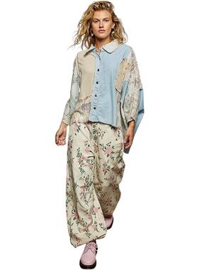 POL Natural and Light Blue  Crochet 3/4 Sleeve Shirt Top